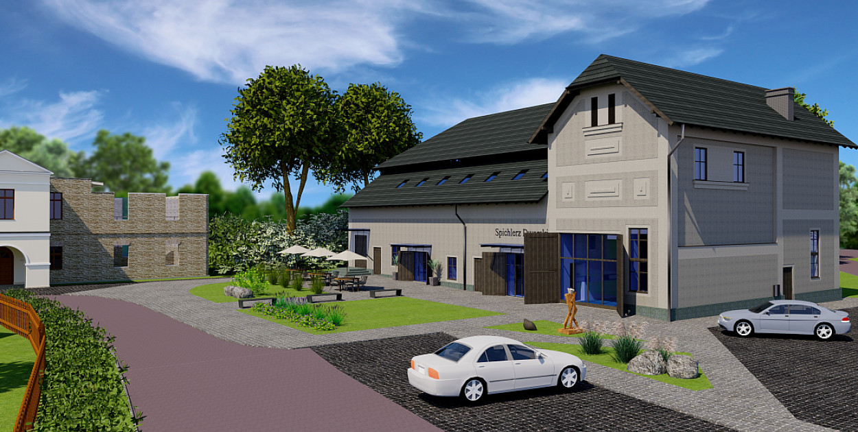 4. Projekt przebudowy i remontu starego Spichlerza Dworskiego wykonany został na zlecenie Powiatu Cieszyńskiego przez firmę Inwus sp. z o.o. Architektura: mgr inż. arch. Kinga Siry, konstrukcja: mgr inż. Roman Siry.