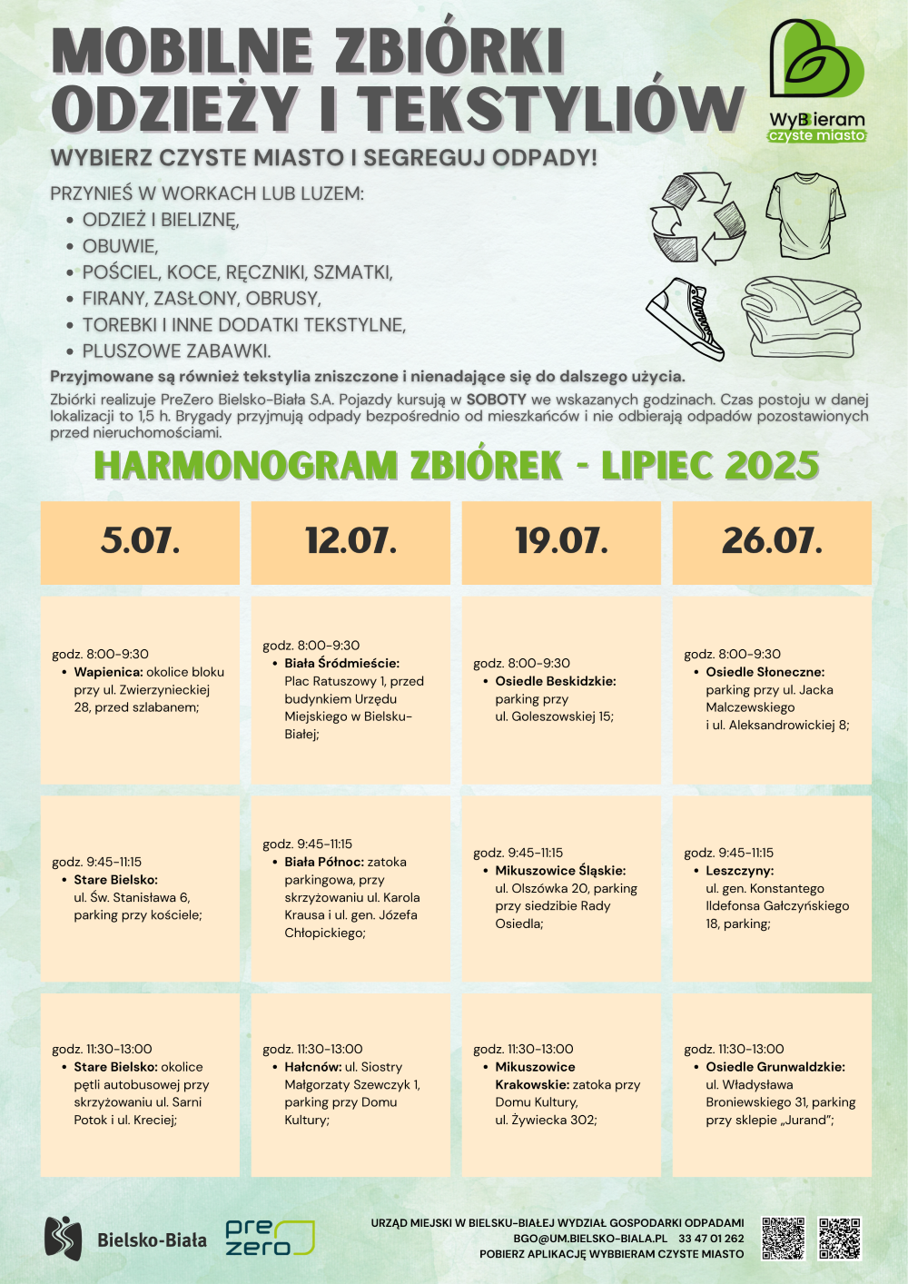 plan zbiórki tekstyliów w Bielsku-Białej na lipiec