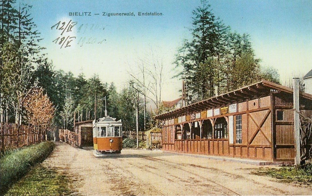 żrodlo: fotopolska.eu / Stacja końcowa linii tramwajowej w Cygańskim Lesie ok. 1915 r.