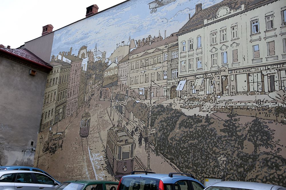 „Mural upamiętniający bielskie tramwaje ” plac Żwirki i Wigury / Jacek Grabowski i Piotr Wisła