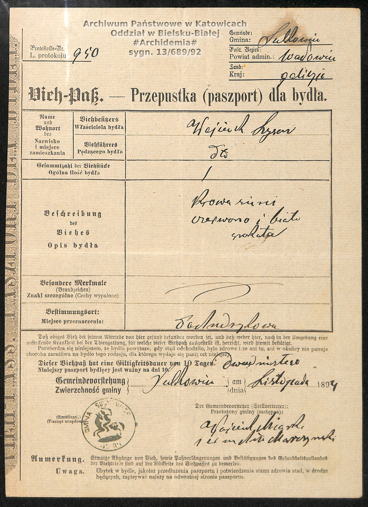 Paszport dla bydła 2 - źródło; Archwium Państwowe