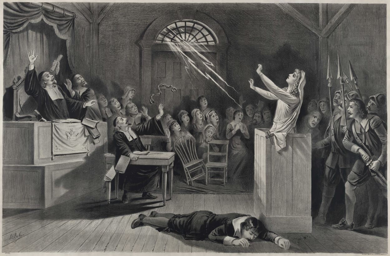Rycina przedstawiała scenę z Salem Witch Trails autorstwa Josepha E. Bakera (ok. 1837-1914 n.e.). Wykonano w 1892 