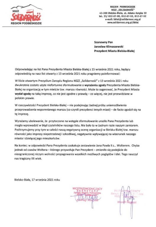 Odpowiedź NSZZ Solidarność na list Prezydenta Miasta Jarosława Klimaszewskiego